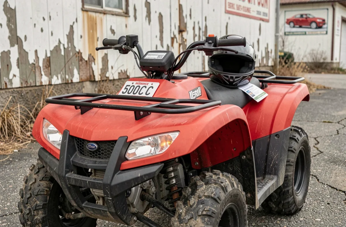 Quad 500cc rouge garé devant un garage rural avec casque et document d'assurance posés sur le siège