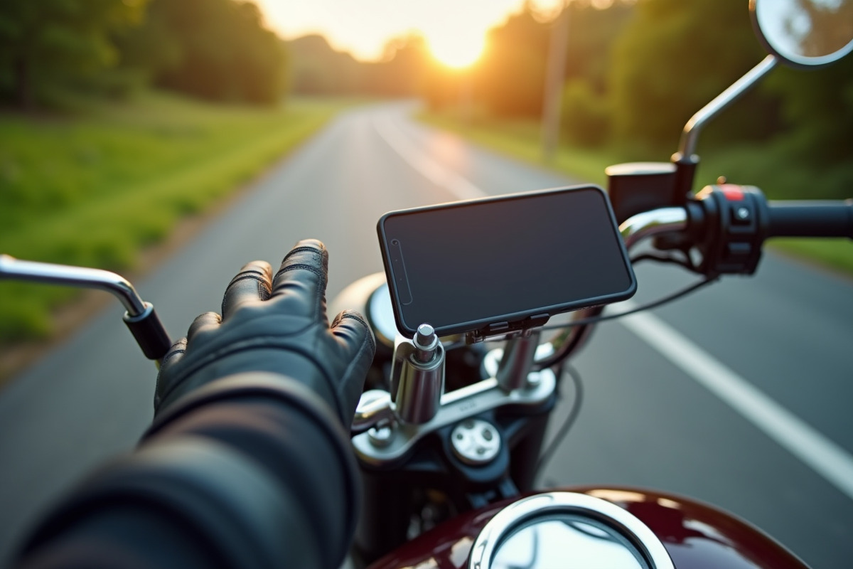 Main gantée ajustant un support téléphone sur tableau de bord de moto classique