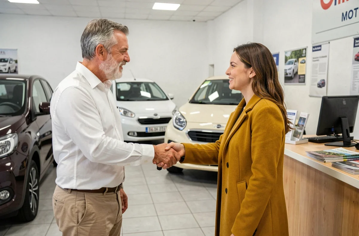 Vendeur remettant les clés d'une voiture sans permis à une cliente dans un concessionnaire à Cholet