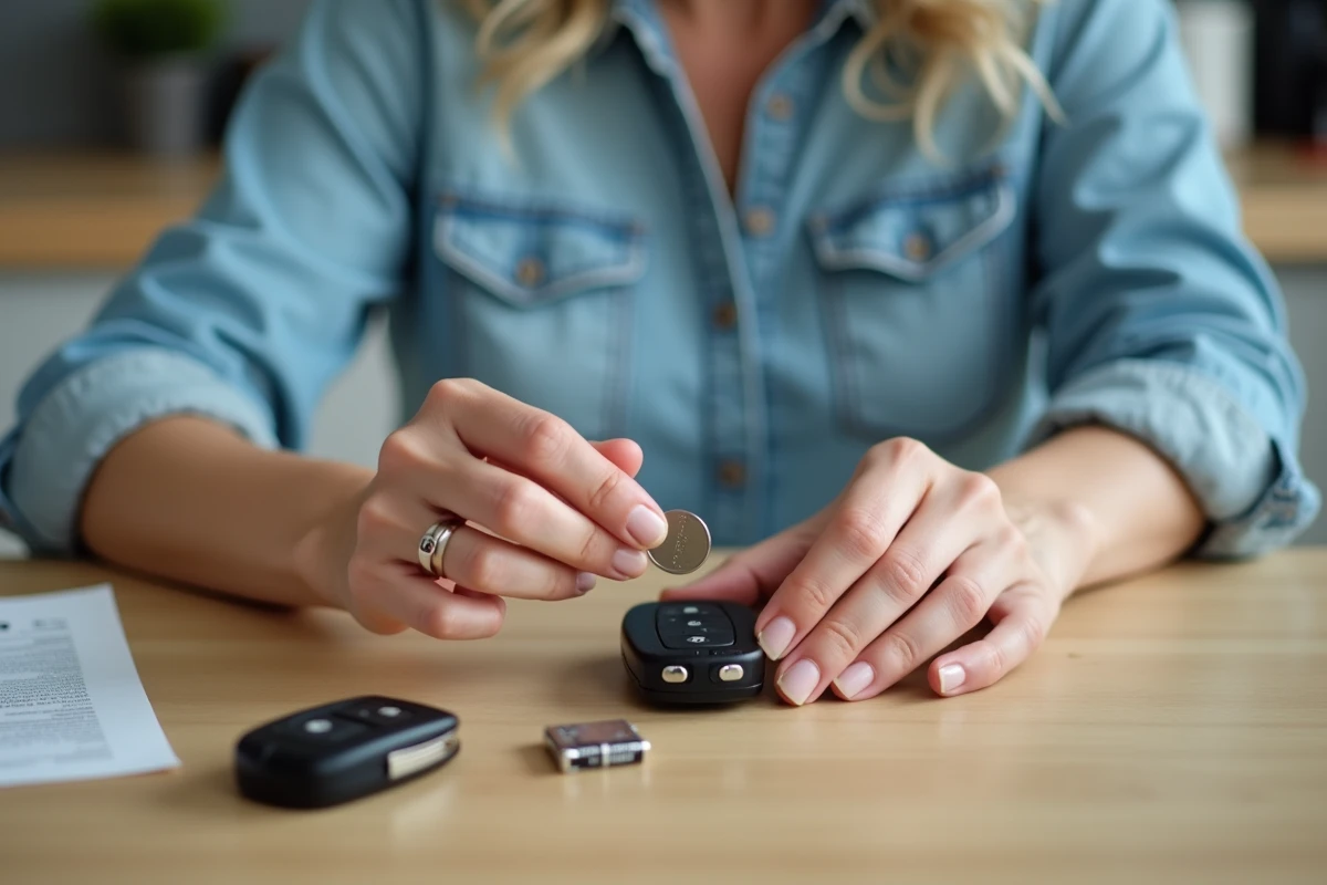 Femme ouvrant le boîtier d'une clé Renault Clio 4 pour remplacer la pile CR2032 sur une table de cuisine