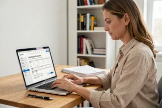 Femme remplissant un formulaire de cession de vente PDF en ligne sur un ordinateur portable dans un bureau à domicile