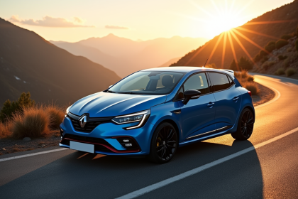 Renault Clio 2 V6 sur une route de montagne au lever du soleil