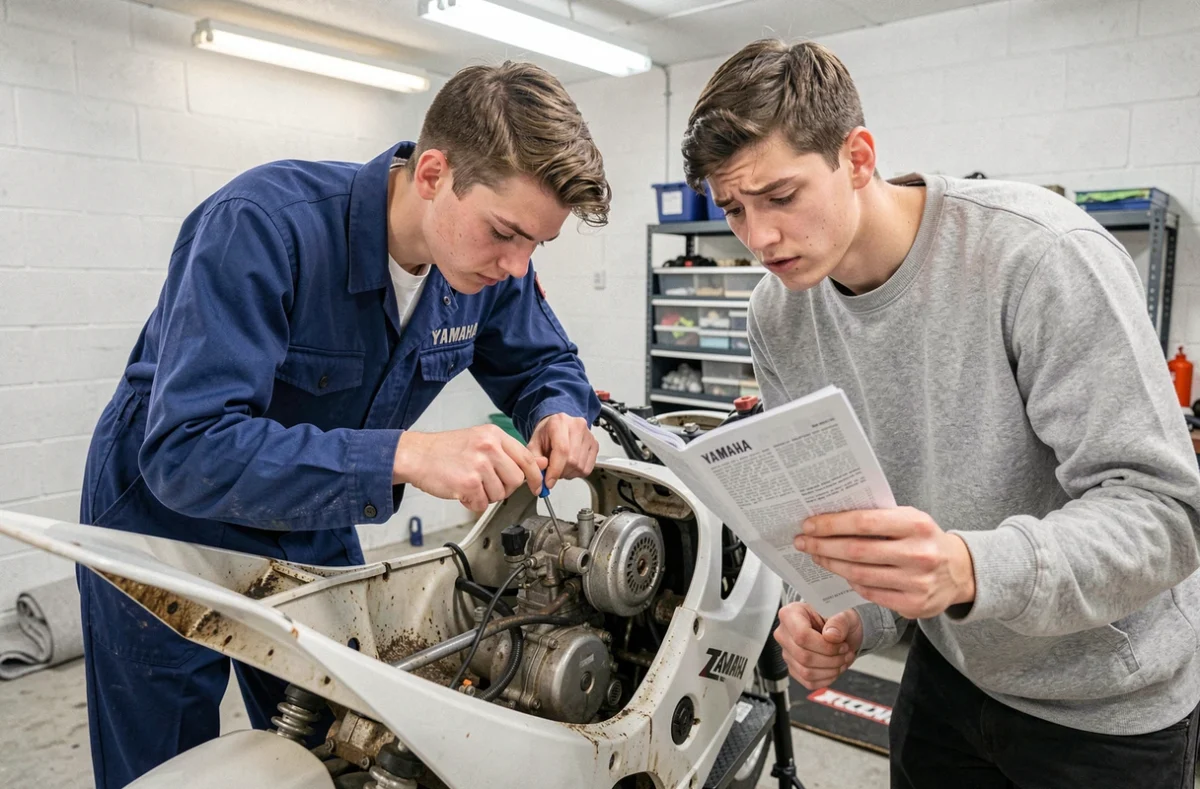 Deux jeunes mécaniciens amateurs réparant le carburateur d'une Yamaha TZR 50cc dans un garage privé, guide entretien 50cc