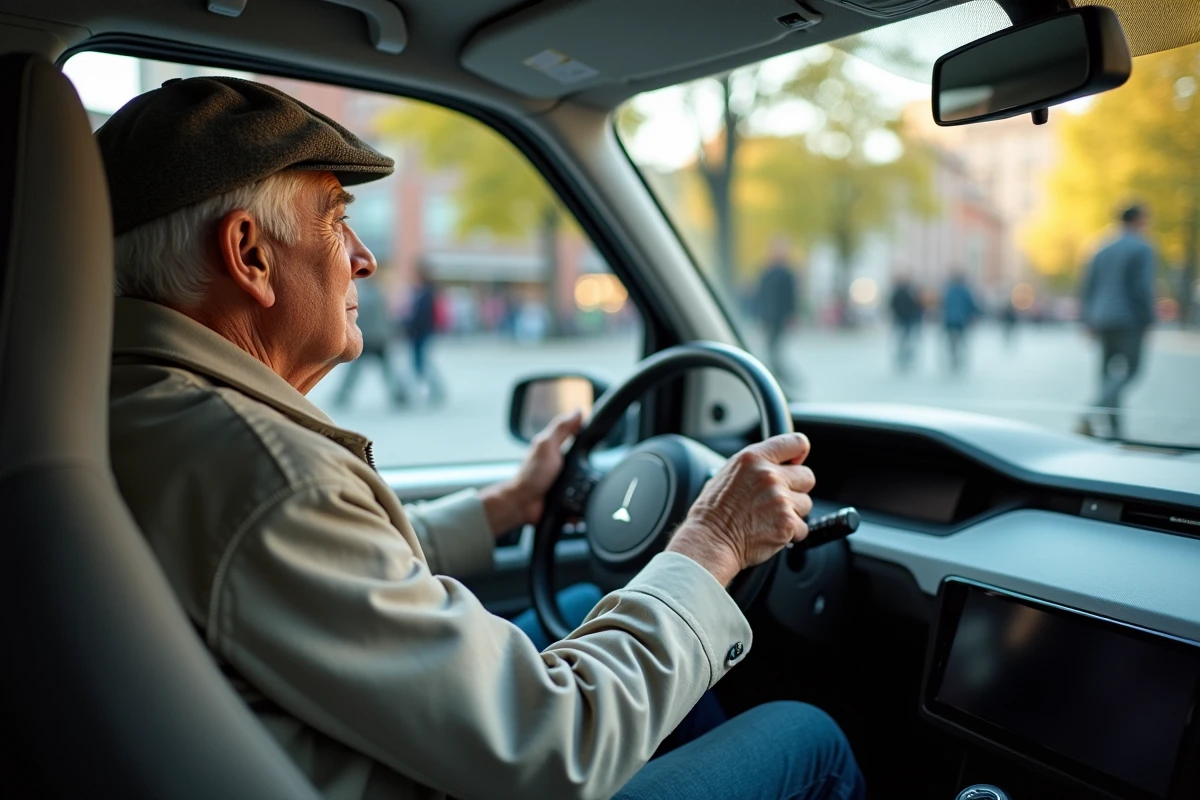 Retraite homme dans une petite voiture urbaine moderne