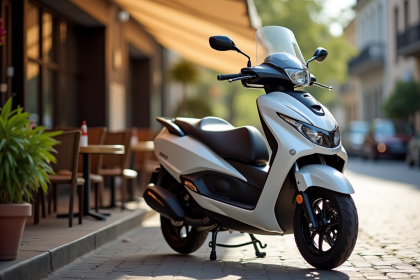 Maxi scooter de luxe garé près d'une terrasse de café urbain