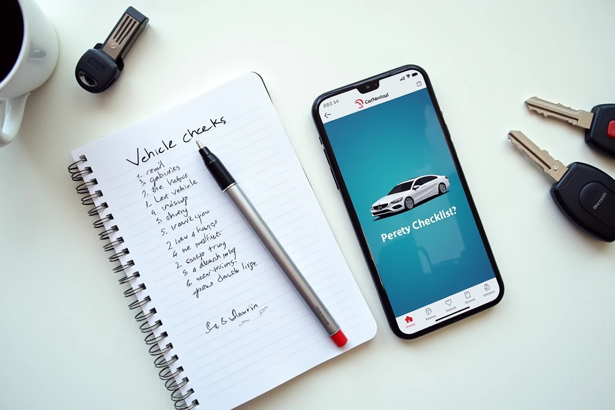 Vue de dessus d'un smartphone affichant CarVertical avec clés de voiture et liste de vérification manuscrite