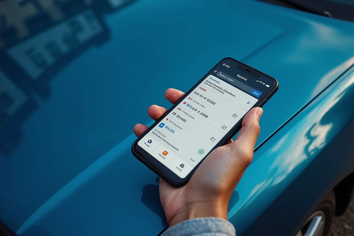 Smartphone affichant un site de recherche de plaque d'immatriculation posé sur le capot d'une voiture bleue