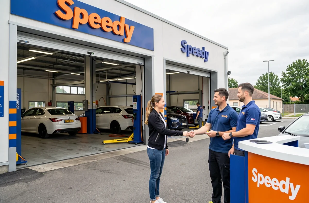 Une cliente remettant ses clés à un conseiller Speedy à l'accueil du centre auto rapide Speedy à Périgueux