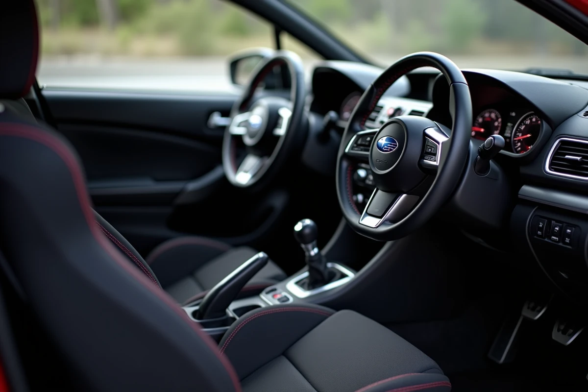Intérieur Subaru WRX PRODRIVE Performance Pack avec levier de vitesse court, volant plat et sièges baquet en Alcantara noir et rouge