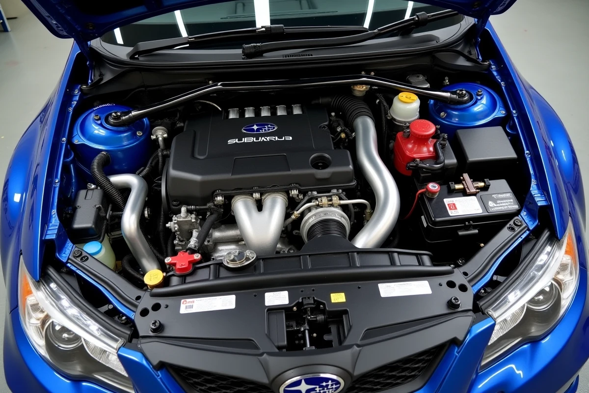 Compartiment moteur Subaru WRX avec pièces PRODRIVE Performance Pack incluant collecteur d'admission et intercooler en aluminium poli