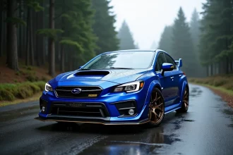 Subaru WRX avec PRODRIVE Performance Pack en bleu World Rally sur route mouillée entourée de forêt de conifères