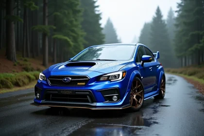 Subaru WRX avec PRODRIVE Performance Pack en bleu World Rally sur route mouillée entourée de forêt de conifères