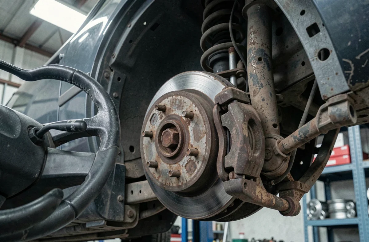 Composants de suspension usés et rotule de direction inspectés pour identifier la cause de vibrations au volant