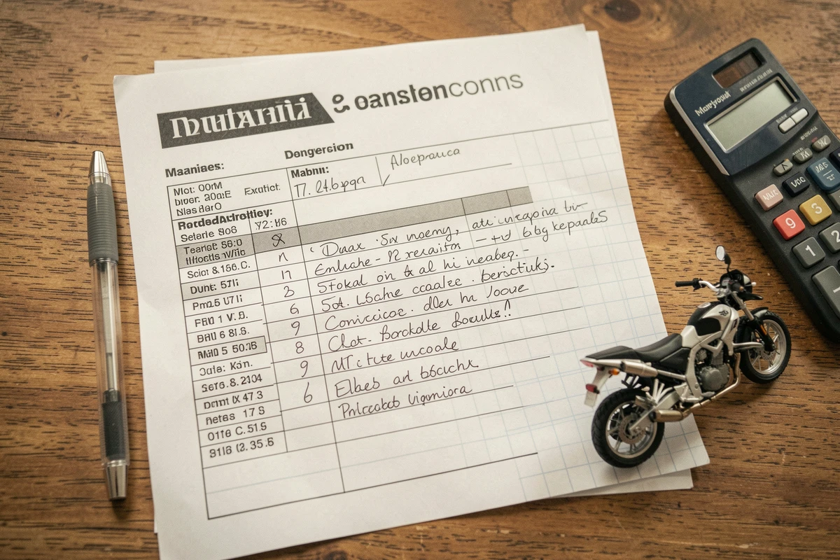 Tableau de conversion CC en CV manuscrit et fiche technique moto posés sur un bureau en bois avec calculatrice