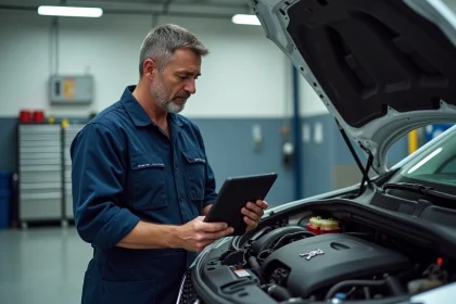 Technicien automobile examinant le moteur d'une Peugeot 308
