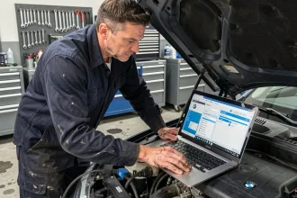 Technicien automobile spécialisé BMW configurant un profil nscexpert sur un ordinateur portable branché en OBD dans un atelier professionnel