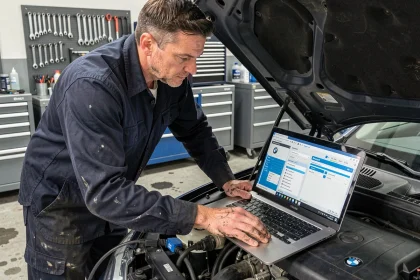 Technicien automobile spécialisé BMW configurant un profil nscexpert sur un ordinateur portable branché en OBD dans un atelier professionnel