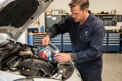 Technicien versant de l'huile moteur 5W-30 dans une Peugeot 208 essence dans un garage professionnel