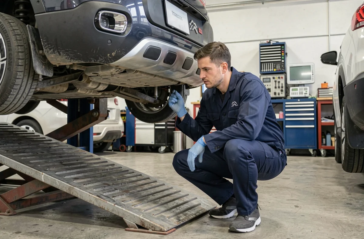Technicien automobile inspectant le dessous du moteur d'un Citroën C3 Aircross sur un pont élévateur dans un garage professionnel