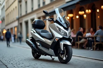 TMAX 750 garé en ville de trois quarts avant sur trottoir européen