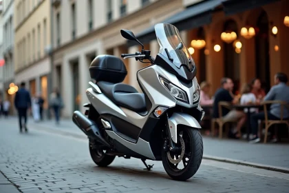 TMAX 750 garé en ville de trois quarts avant sur trottoir européen