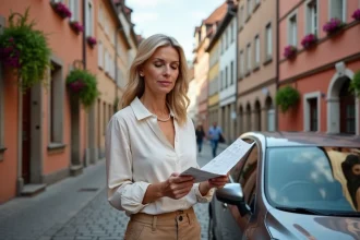 Touriste consultant une carte près de sa voiture garée dans le centre historique de Colmar en haute saison