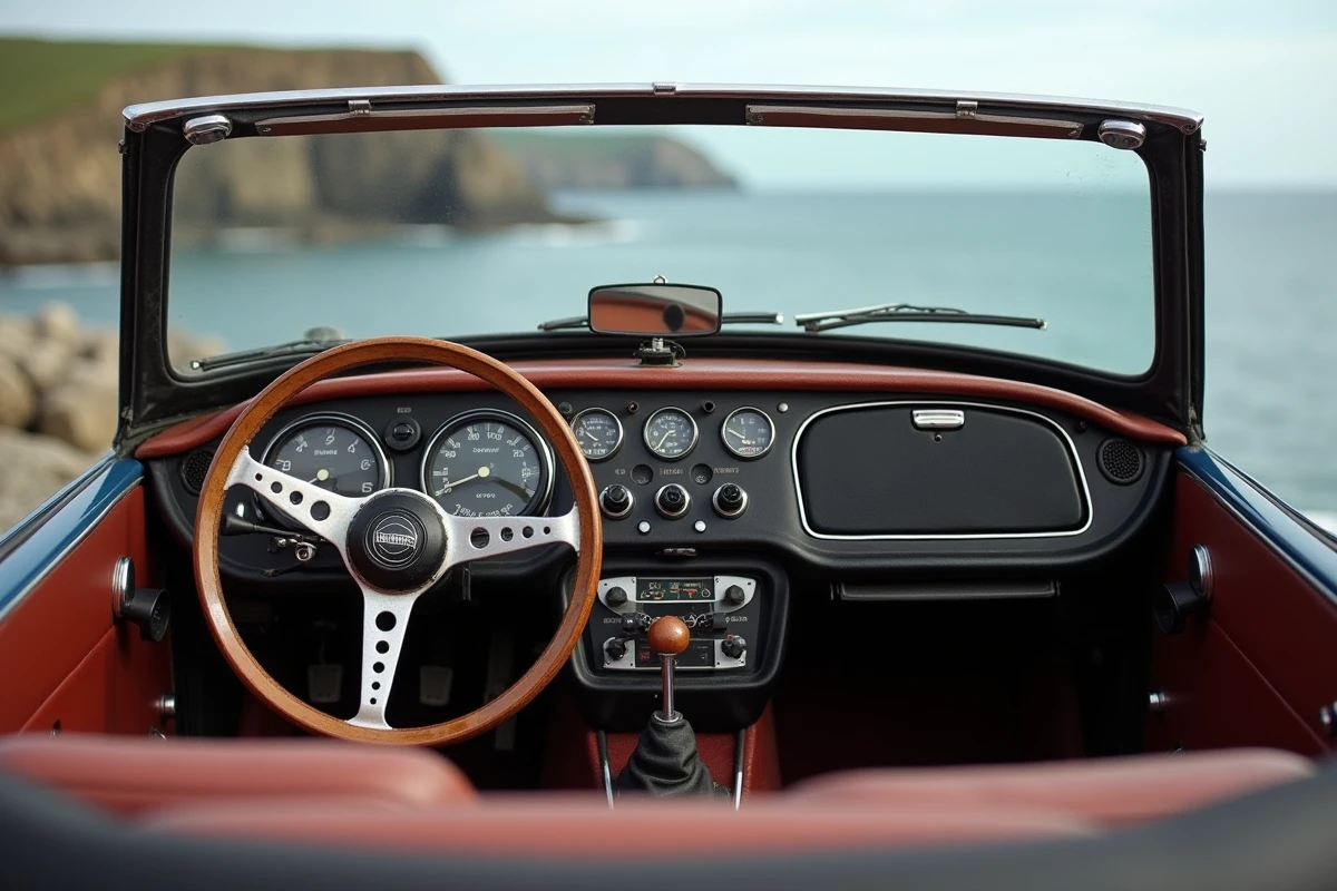 Tableau de bord et intérieur authentique d'une Triumph TR3 avec instruments d'époque en cuir usé