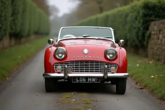Triumph TR3 roadster classique rouge garé sur un chemin de campagne anglais avec murs en pierre