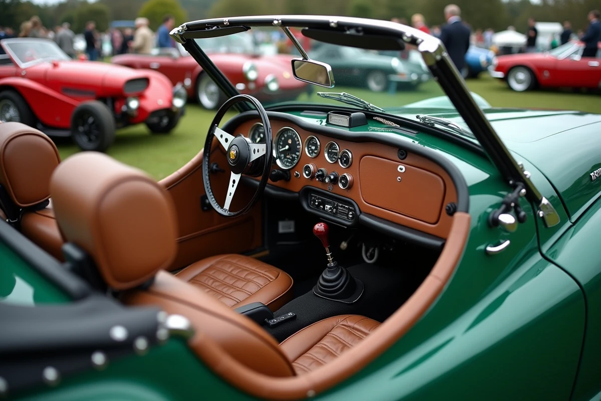 Triumph TR3 vert British Racing Green restauré exposé lors d'un rassemblement de voitures anciennes