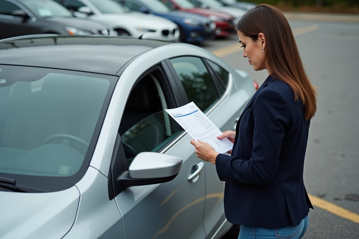 Femme vérifiant le rapport CarVertical d'un véhicule d'occasion dans un parking de concessionnaire