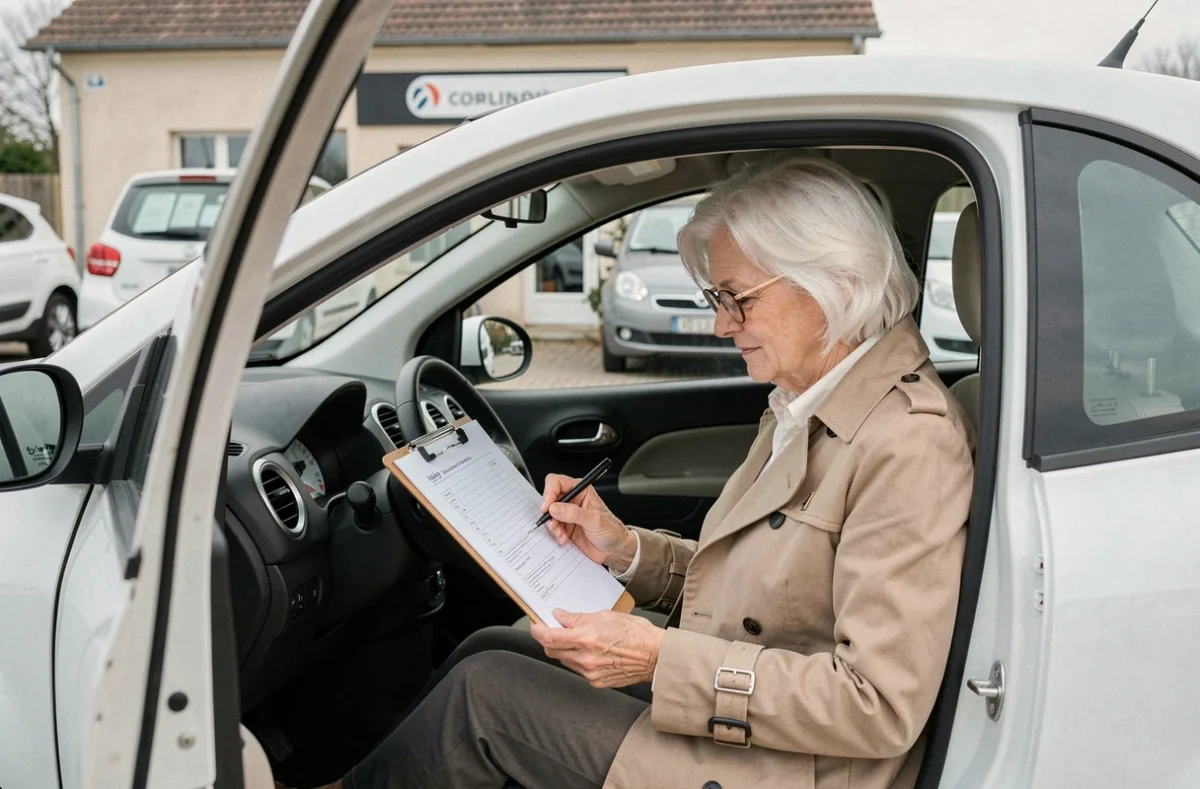 Femme âgée vérifiant un contrat avant l'achat d'une voiture sans permis d'occasion à Cholet