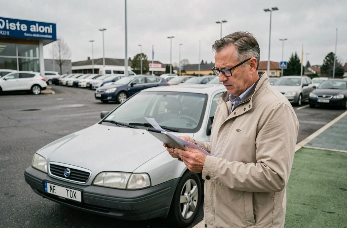 Homme vérifiant des documents et une tablette numérique avant de finaliser l'achat d'une voiture sur un site allemand en concession