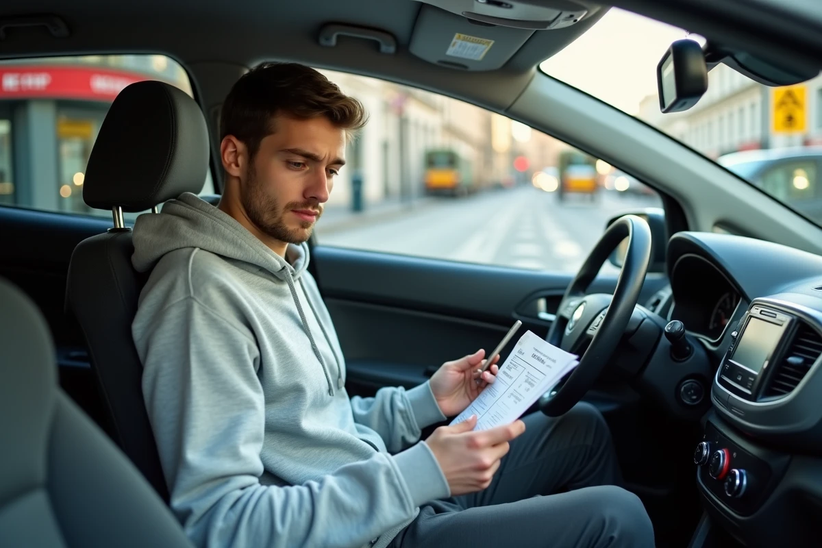 Jeune homme vérifiant l'éligibilité de son véhicule à la zone basse émission de Bruxelles sur son smartphone avec la carte grise en main