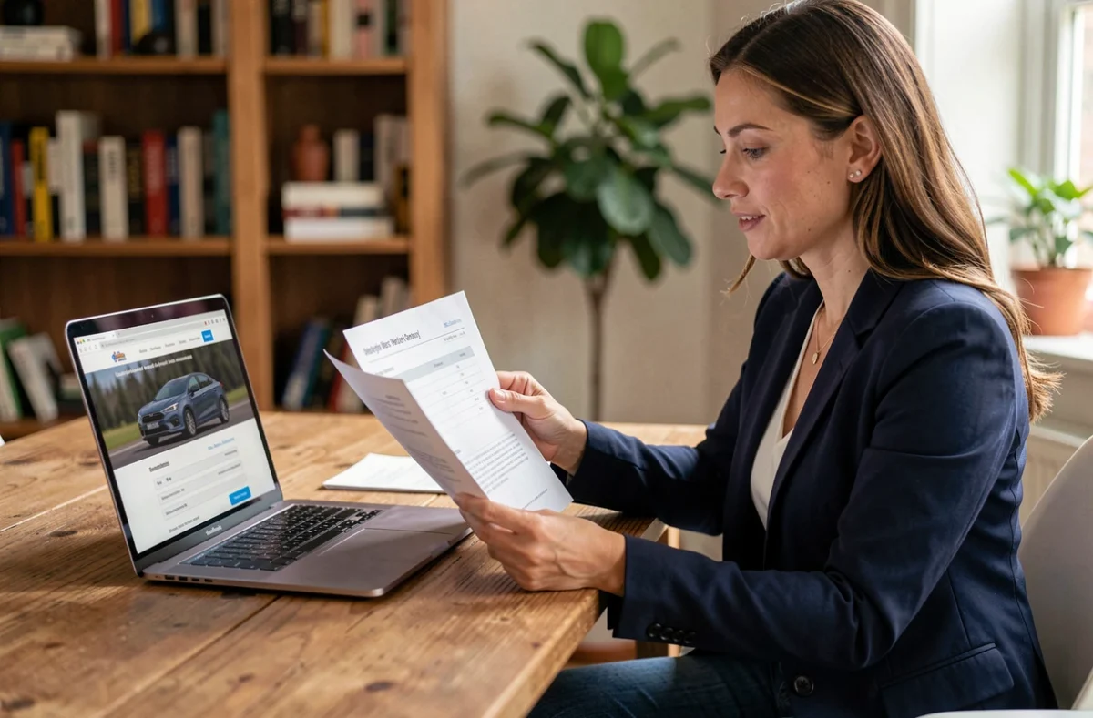 Femme vérifiant l'historique d'un véhicule en ligne avec un rapport sur ordinateur portable