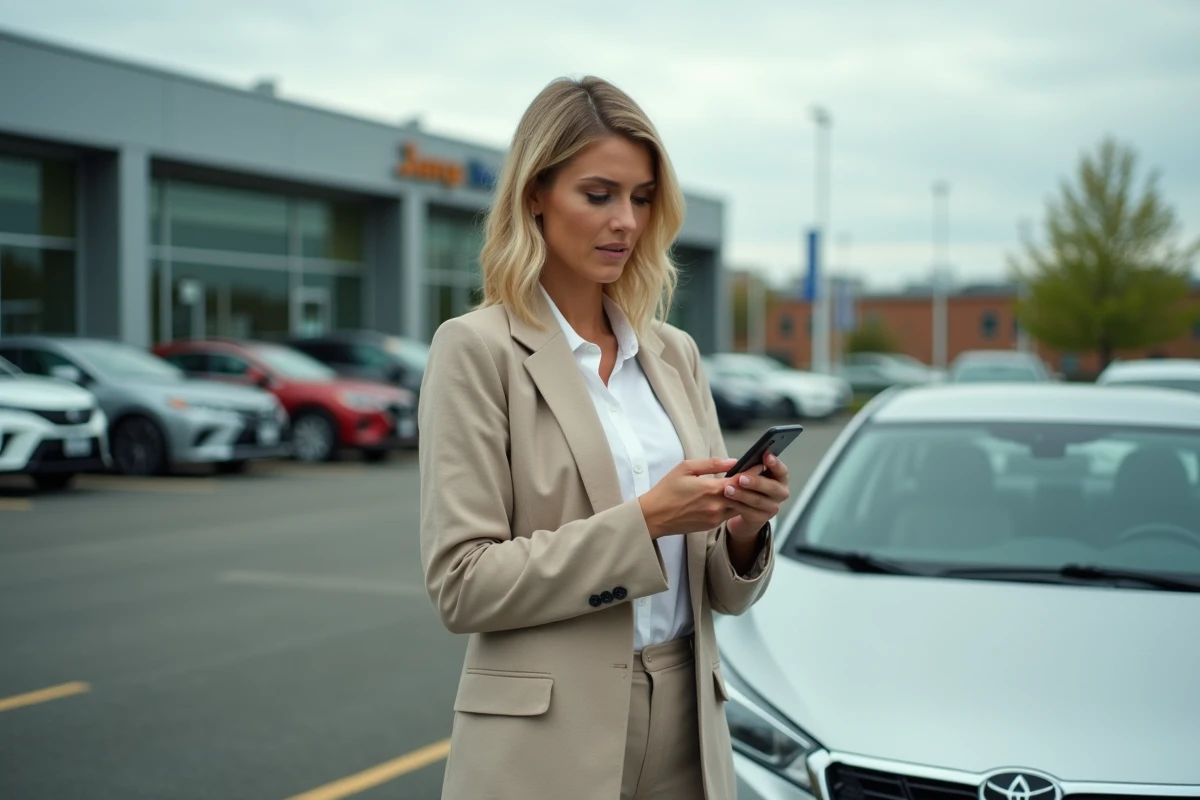 Femme vérifiant l'historique d'une voiture d'occasion sur son téléphone dans un parking de concessionnaire