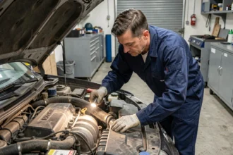 Mécanicien inspectant un moteur Nissan dans un garage automobile avant un achat de véhicule d'occasion