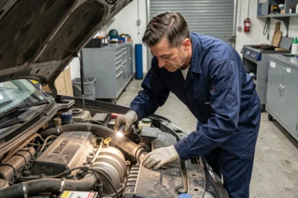 Mécanicien inspectant un moteur Nissan dans un garage automobile avant un achat de véhicule d'occasion
