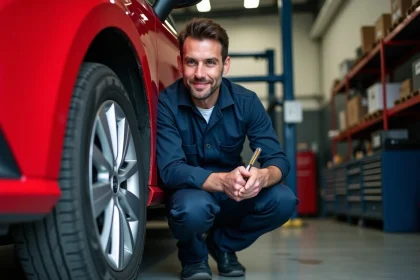 Mécanicien vérifiant la pression des pneus d'une Seat Ibiza rouge avec un manomètre professionnel dans un atelier