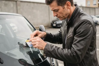 Motard collant une vignette d'assurance moto sur le pare-brise de sa moto en milieu urbain