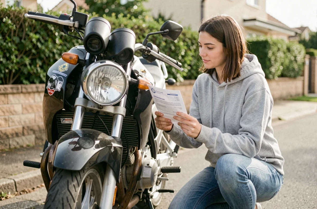 Femme vérifiant le placement de sa vignette d'assurance moto sur son véhicule dans une allée résidentielle