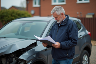 Homme d'âge moyen vérifiant un véhicule endommagé devant sa maison