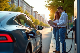 Voiture électrique en charge sur une station publique ensoleillée avec un couple lisant une brochure