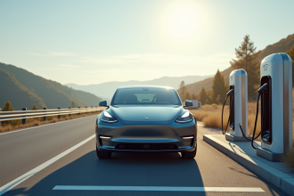 Voiture électrique en charge sur une route panoramique en journée