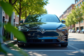 Voiture hybride moderne en charge dans une ville ensoleillee