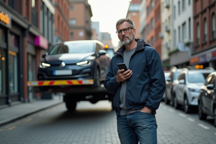 Homme inquiet avec smartphone devant sa voiture remontee