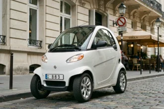 Petite voiture sans permis électrique blanche garée sur un boulevard parisien avec façades haussmanniennes en arrière-plan