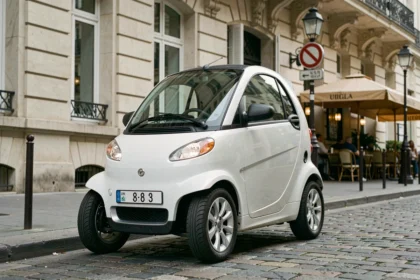 Petite voiture sans permis électrique blanche garée sur un boulevard parisien avec façades haussmanniennes en arrière-plan