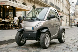 Voiture sans permis compacte garée sur un trottoir parisien, vue en perspective 3/4 avant mettant en valeur sa carrosserie légère