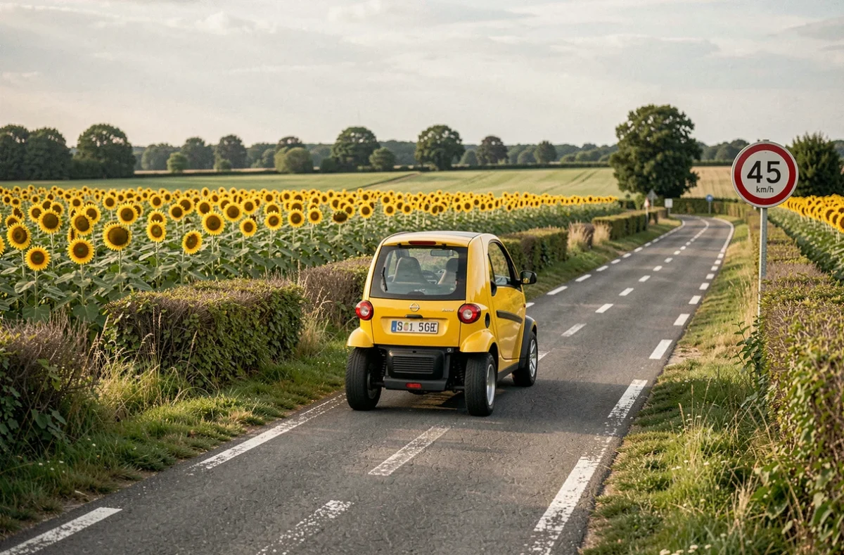 Voiture sans permis jaune roulant sur une route de campagne française avec panneau de limitation de vitesse à 45 km/h