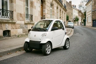 Voiture sans permis blanche garée dans une rue résidentielle française illustrant la réglementation de vitesse maximale